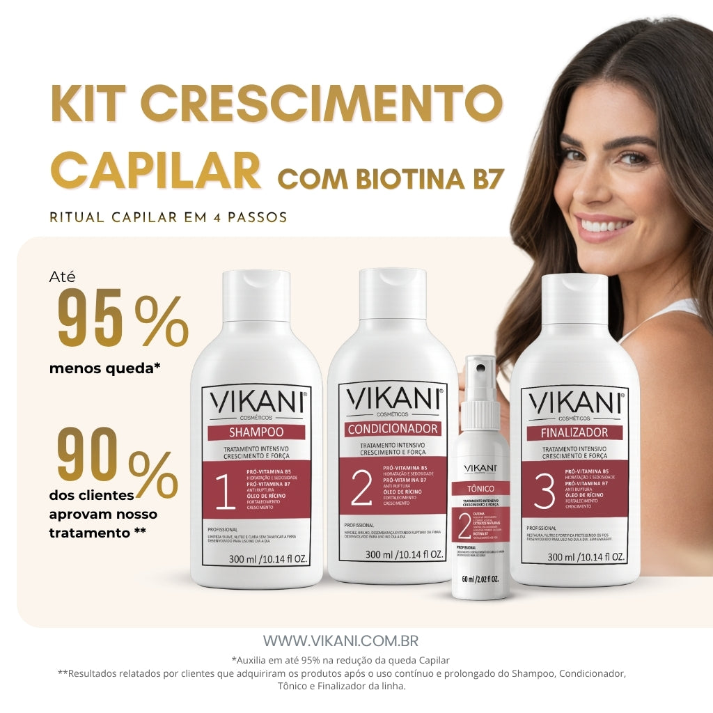 Kit Crescimento Capilar Vikani 4 Etapas – Shampoo, Condicionador, Tônico e Finalizador
